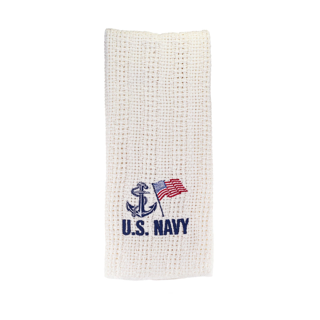 Cream cotton kitchen towel with embroidered U.S. Navy anchor and flag