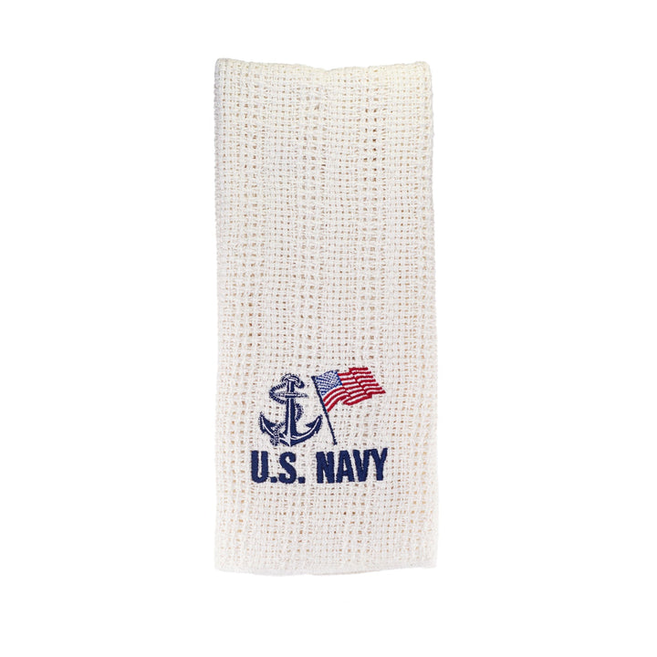 Cream cotton kitchen towel with embroidered U.S. Navy anchor and flag