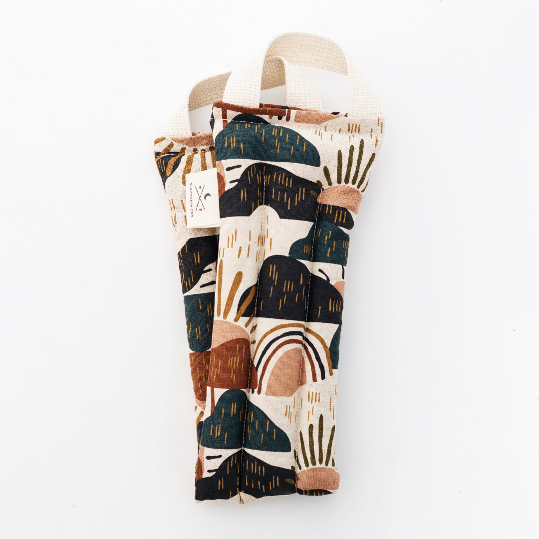 Neck wrap in beige with multicolor abstract arch and hand motifs
