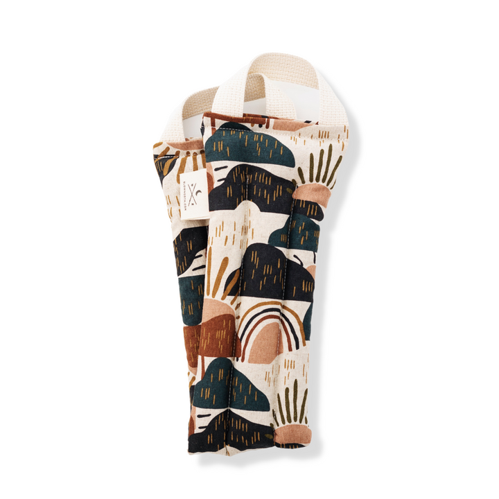 Beige neck wrap with multicolor abstract landscape and handprint pattern
