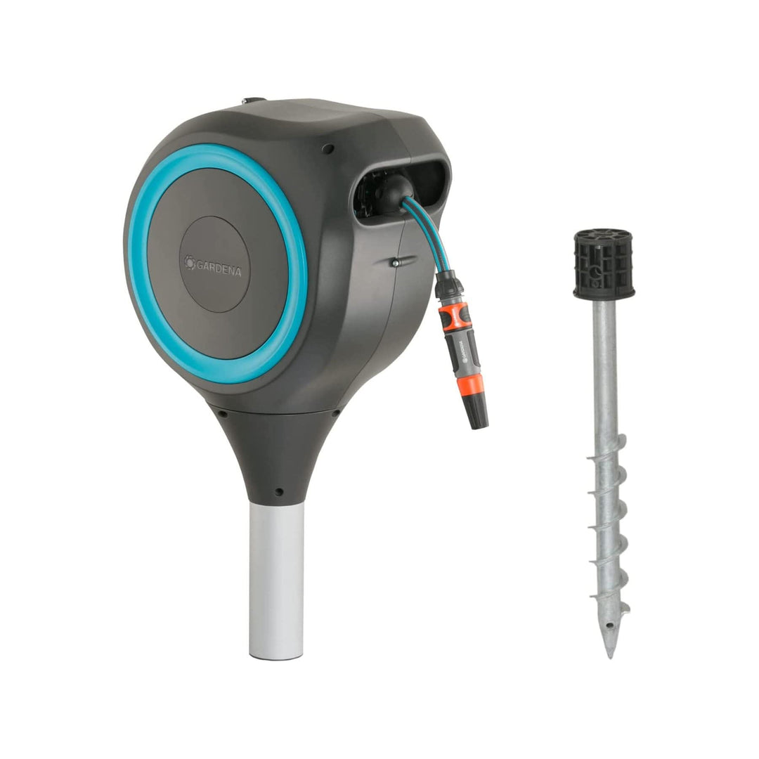 Roll-up garden hose reel with gray housing, blue front ring, and connected hose ends