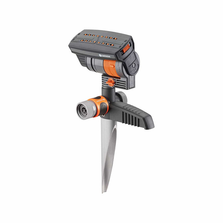 Compact oscillating sprinkler with metal ground spike, gray and orange, adjustable nozzle