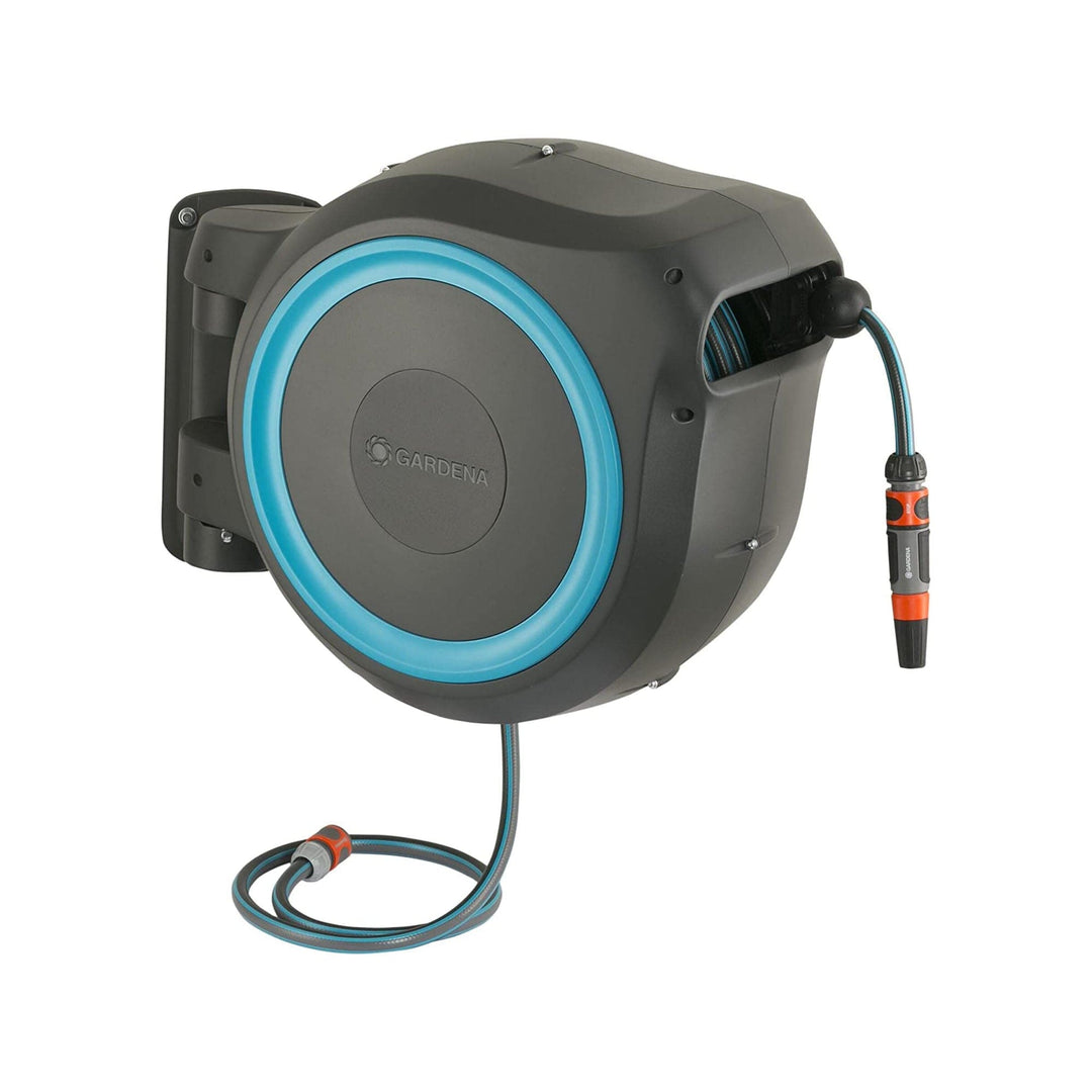 Wall-mounted hose reel with blue trim, black housing, and attached hose connector