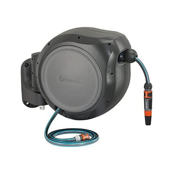 Gray retractable garden hose reel with mounted nozzle and coiled blue hose