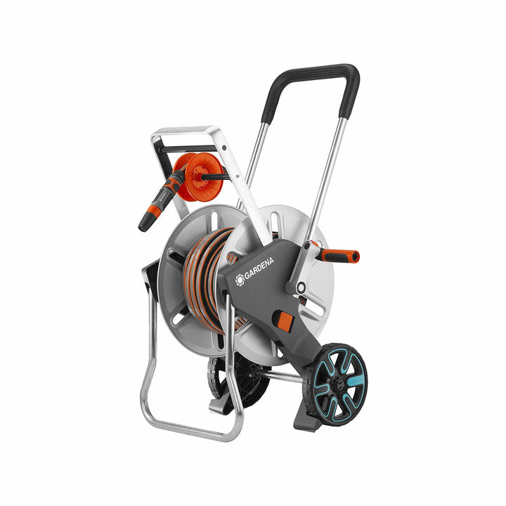 Metal hose reel cart with tall handle, gray drum, orange hose, and wheeled frame