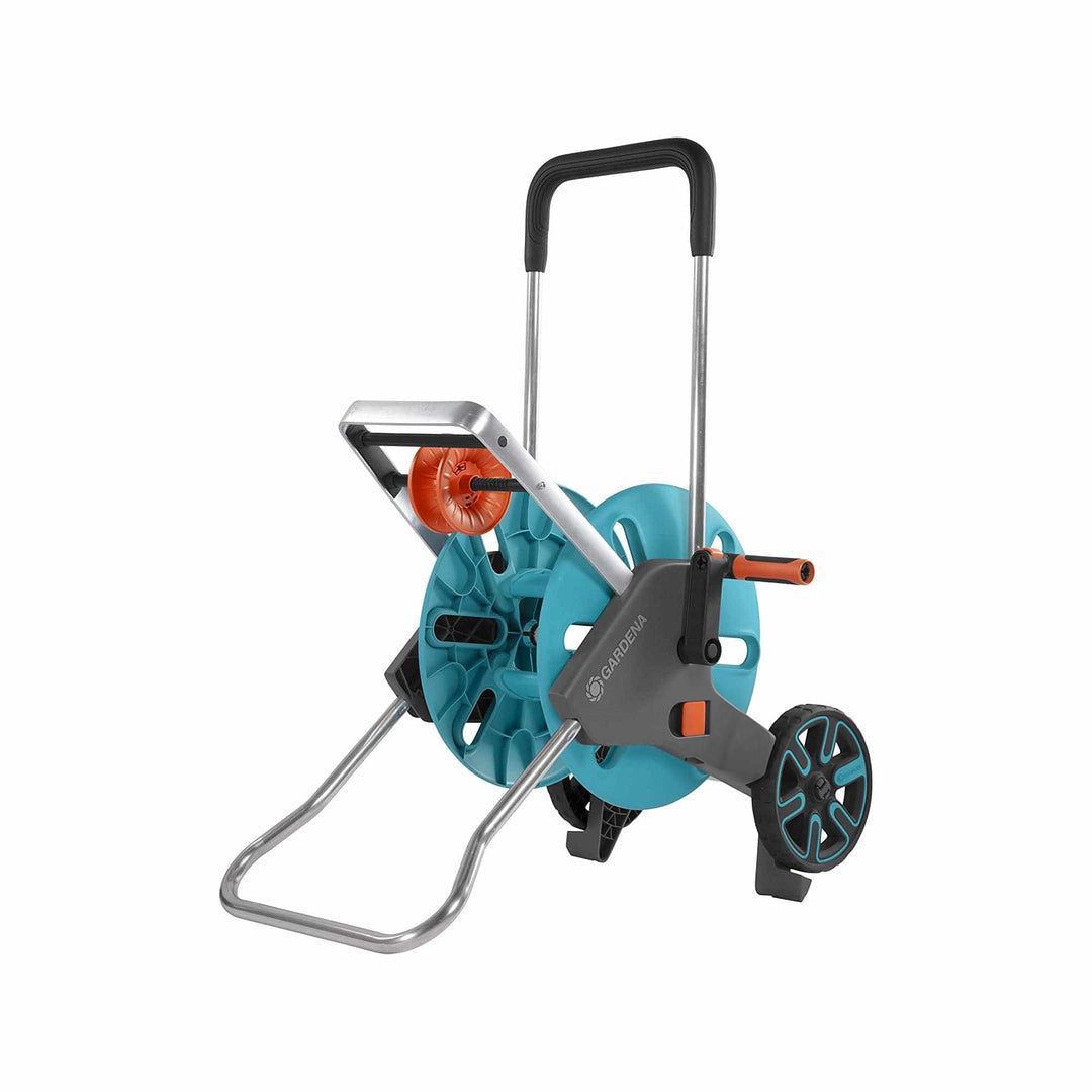 Hose trolley with aqua hose reel, orange accents, black handle and wheels