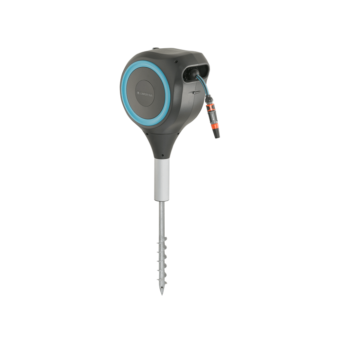 Gray roll-up garden hose reel with blue ring, side hose outlet, and ground stake