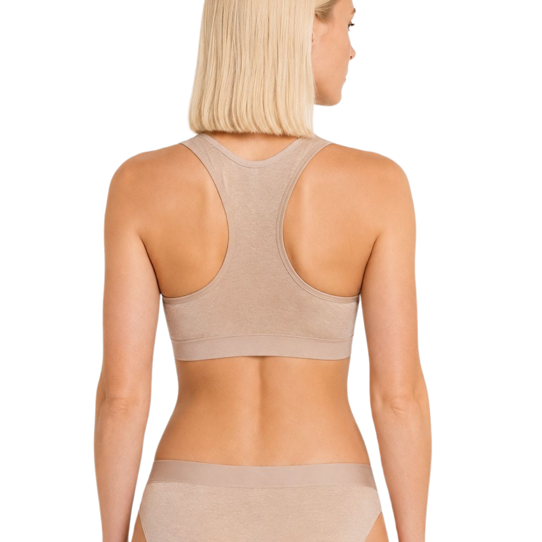 Mocha racerback bralette back view with U-shaped back neckline