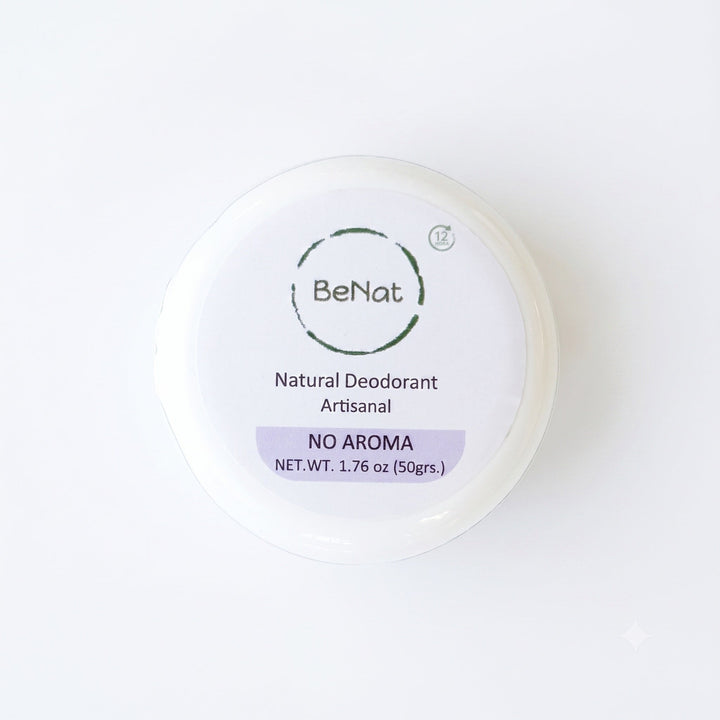 BeNat natural deodorant jar labeled No Aroma, circular white container
