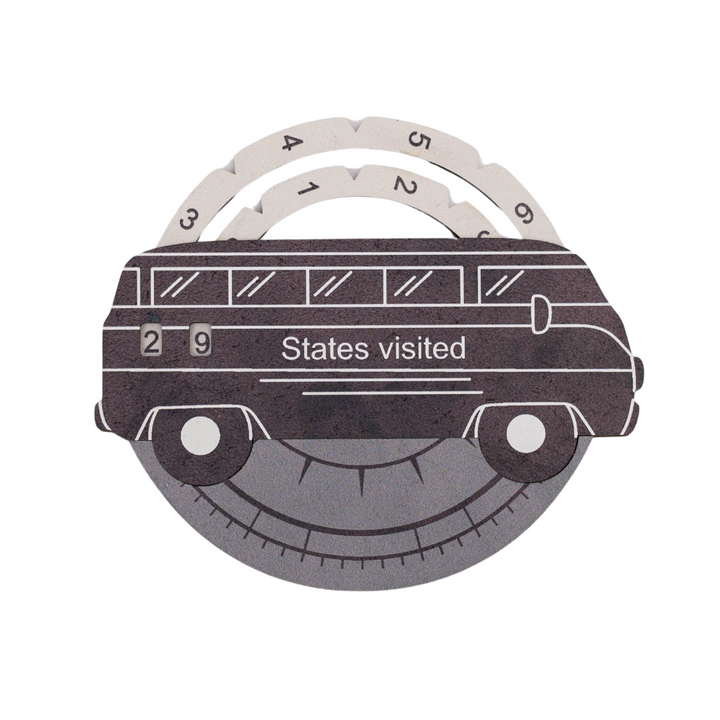 3D wooden USA travel tracker shaped like a smiling car, with dial and states visited bar
