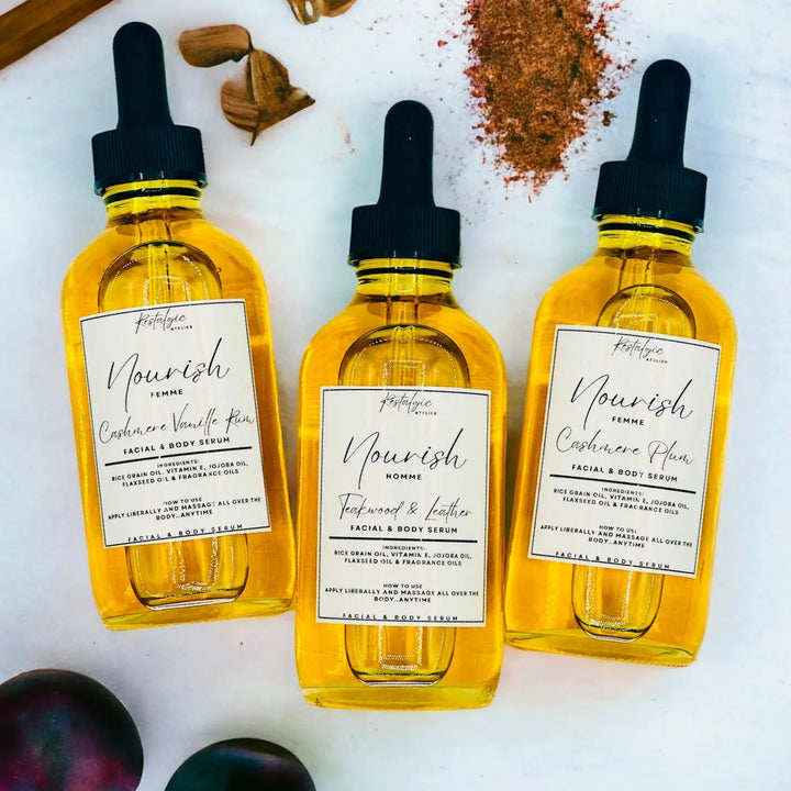 Hydration serum set: three amber bottles with black droppers and Nourish labels