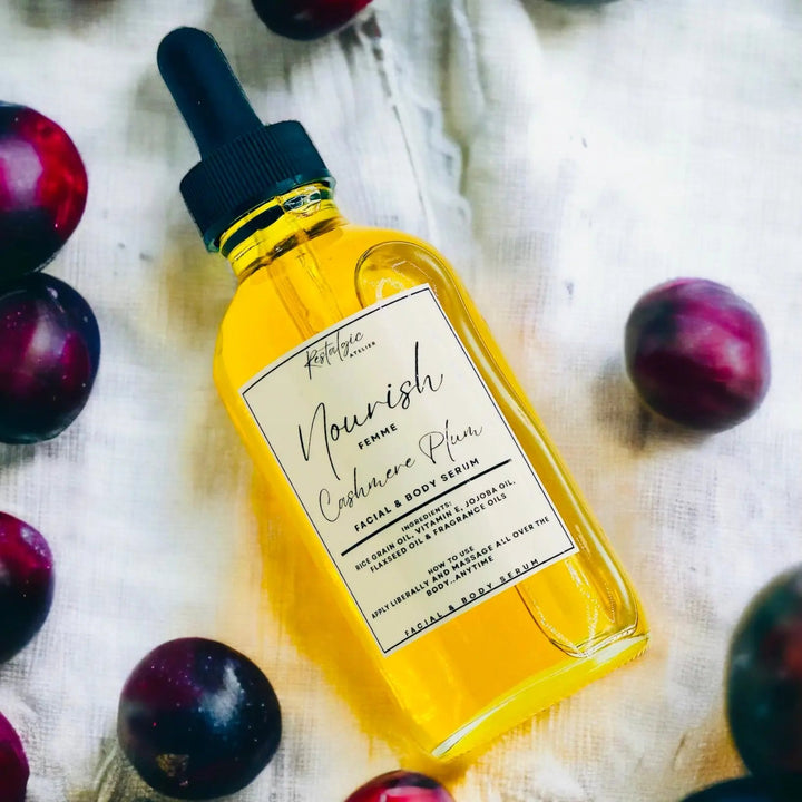 Amber Nourish facial and body serum bottle with black dropper