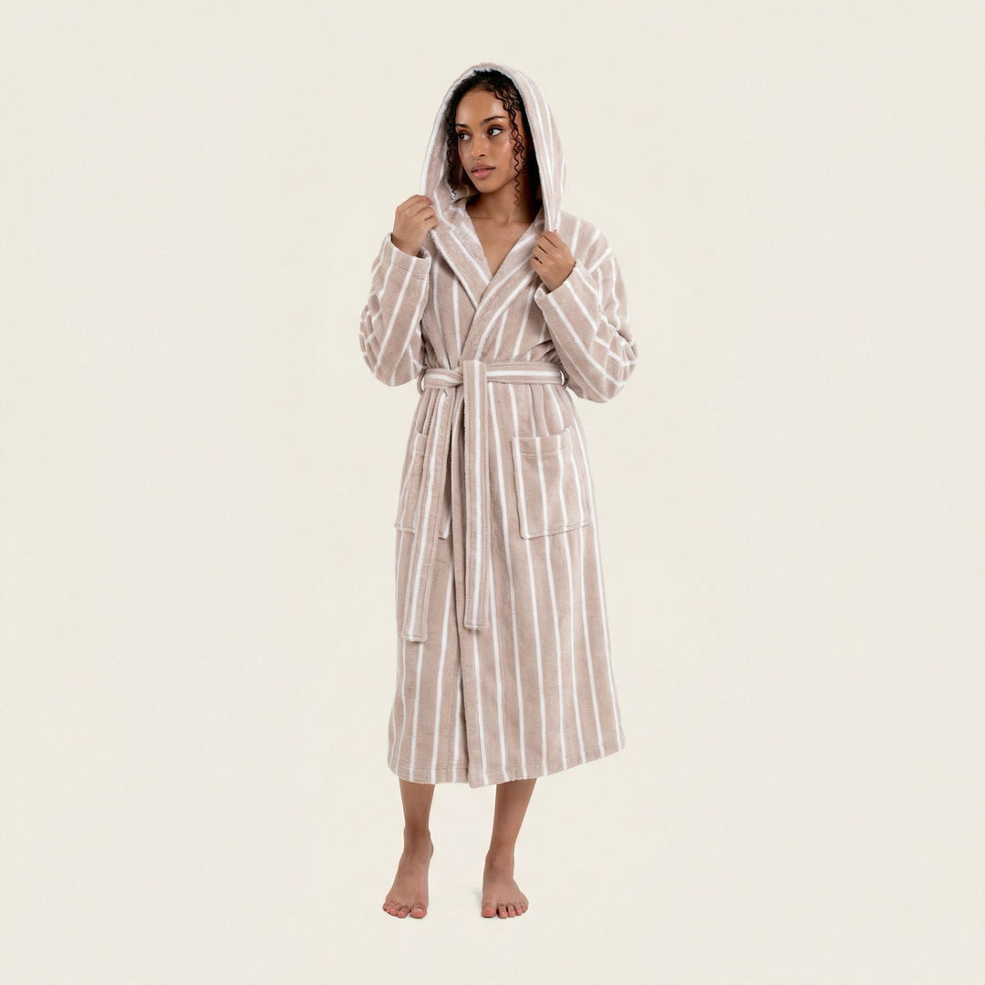 Striped unisex hooded bathrobe with waist belt, full-length front view