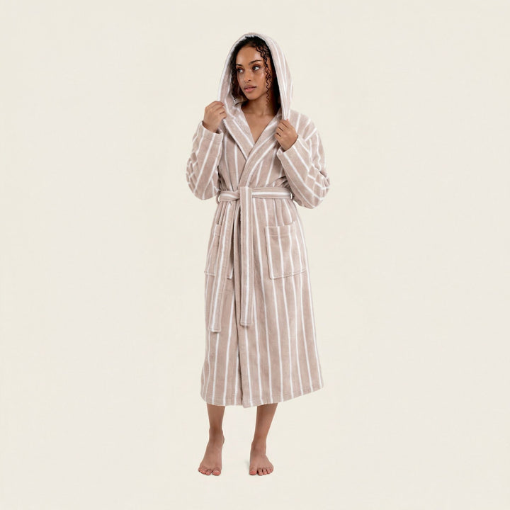 Striped unisex hooded bathrobe with waist belt, full-length front view