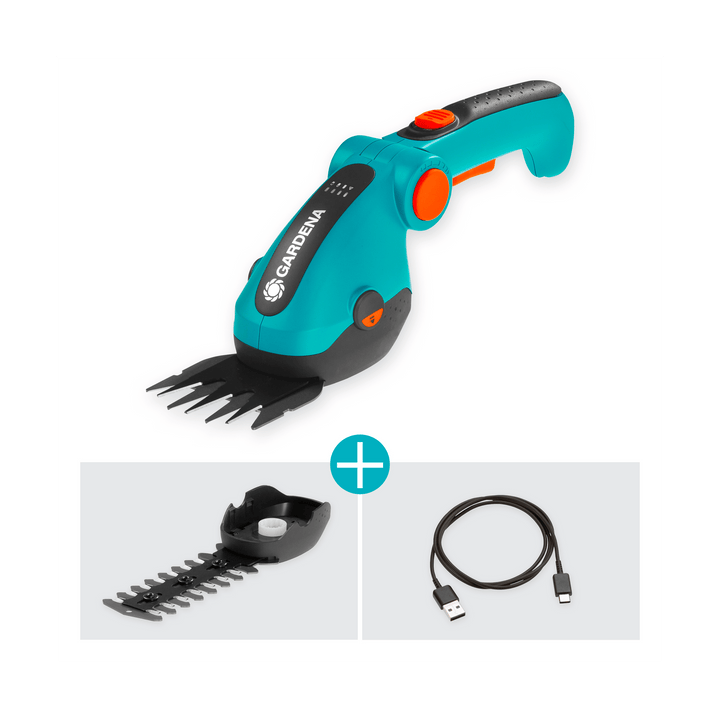 Cordless battery grass and shrub shears with teal handle, orange accents, blade attachments