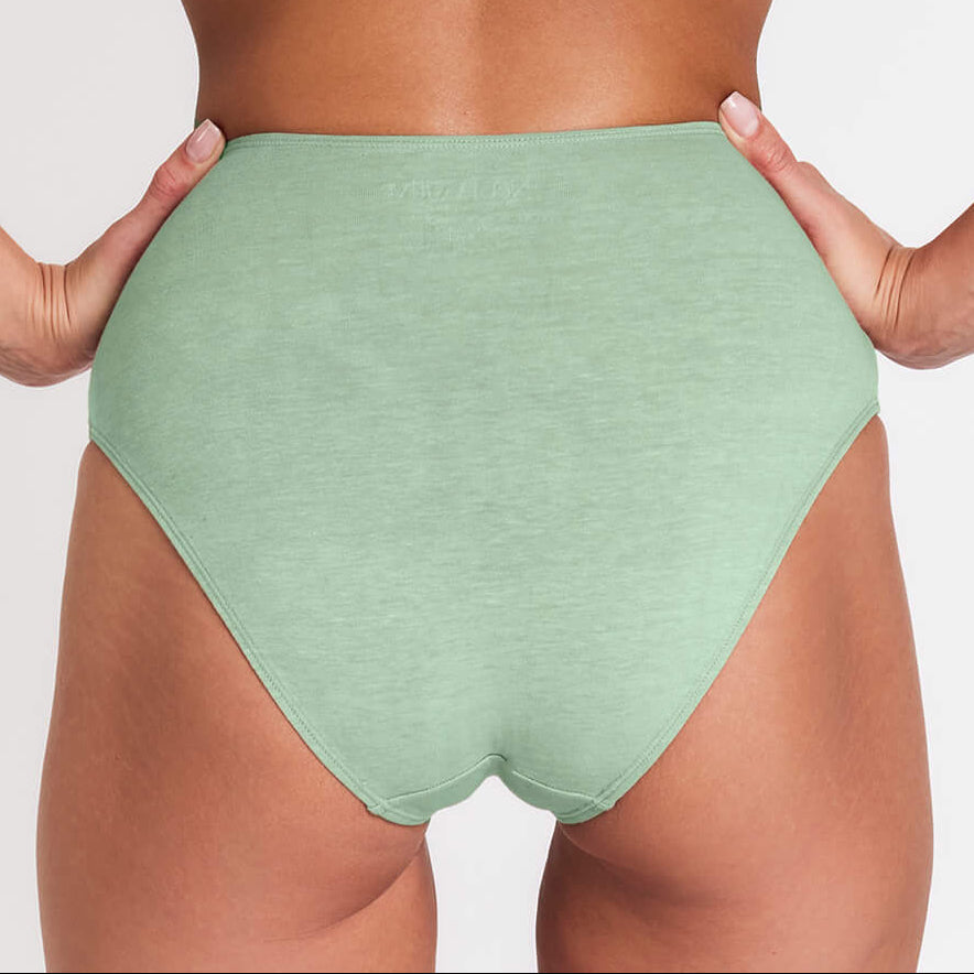 High-rise brief in light green with full back coverage and high-cut leg openings, back view.