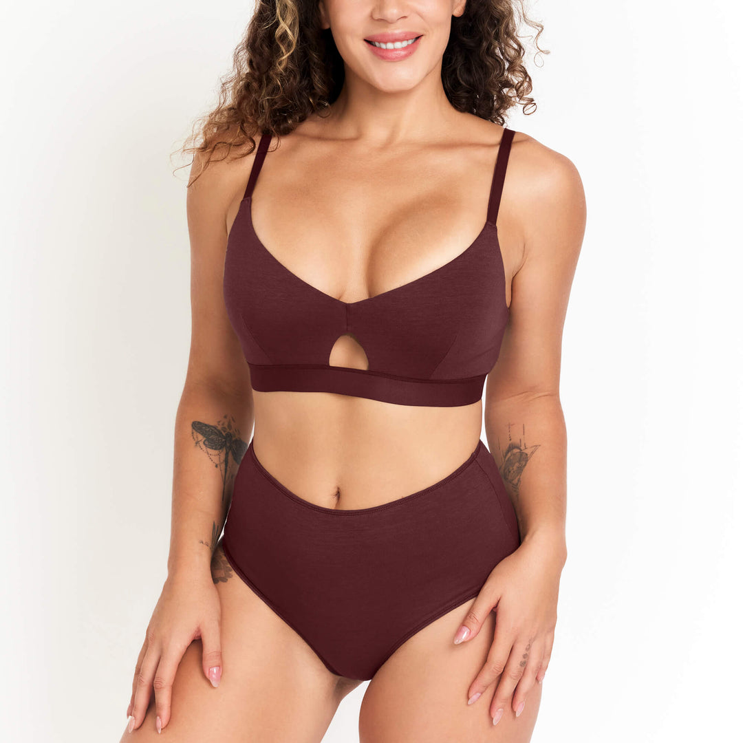 Dark maroon high-rise briefs with scoop front and small keyhole cutout.