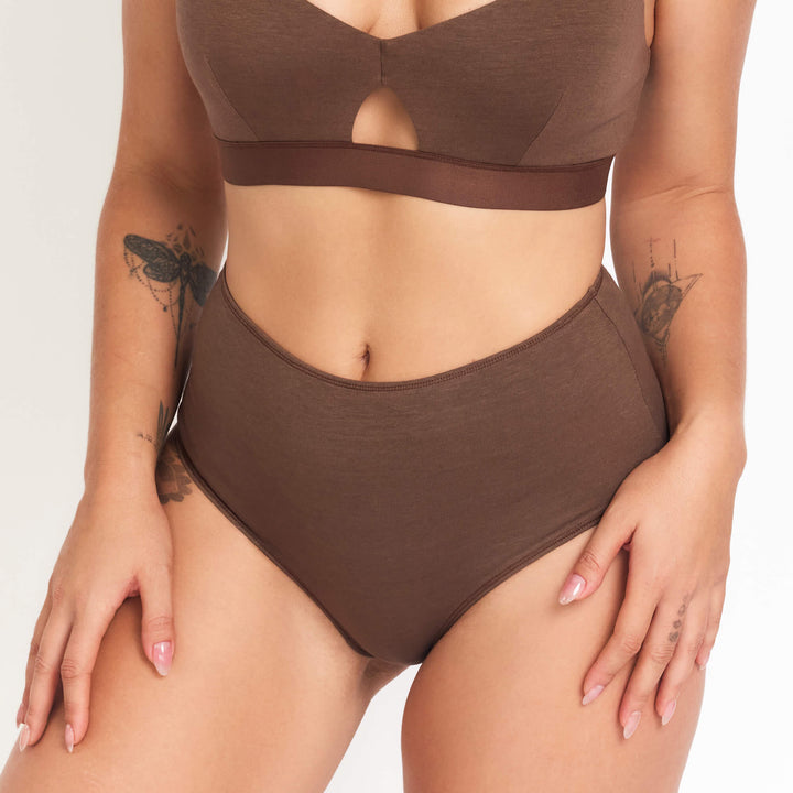 High-rise brief underwear in chocolate brown with smooth high waist and cutout