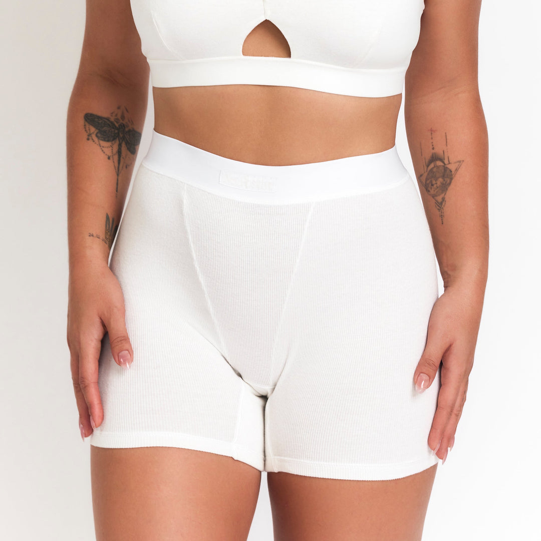 Milk botanical dye boxer briefs in white knit with elastic waistband and contoured pouch