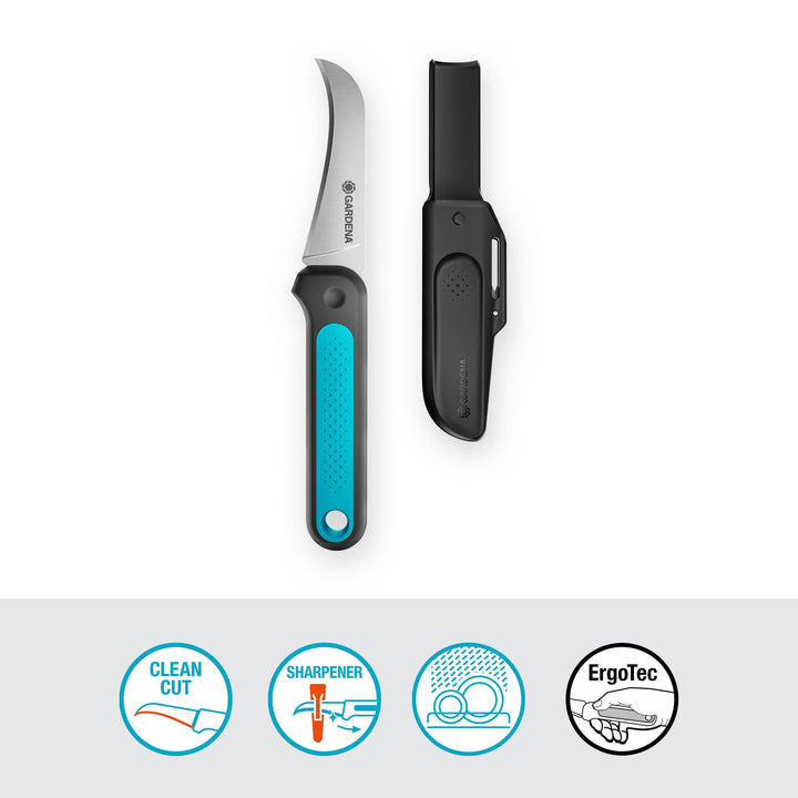 VeggieCut scissors with curved blade and blue handle, with black protective sheath