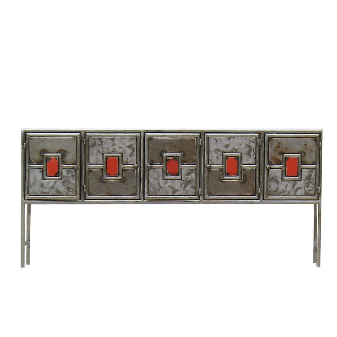 Metal credenza with five drawers and red square insets, distressed silver finish.