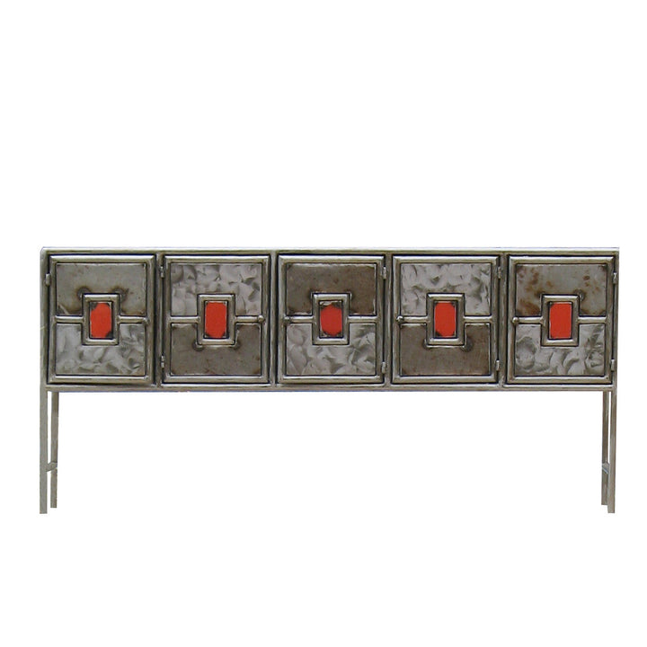 Metal credenza with five drawers and red square insets, distressed silver finish.