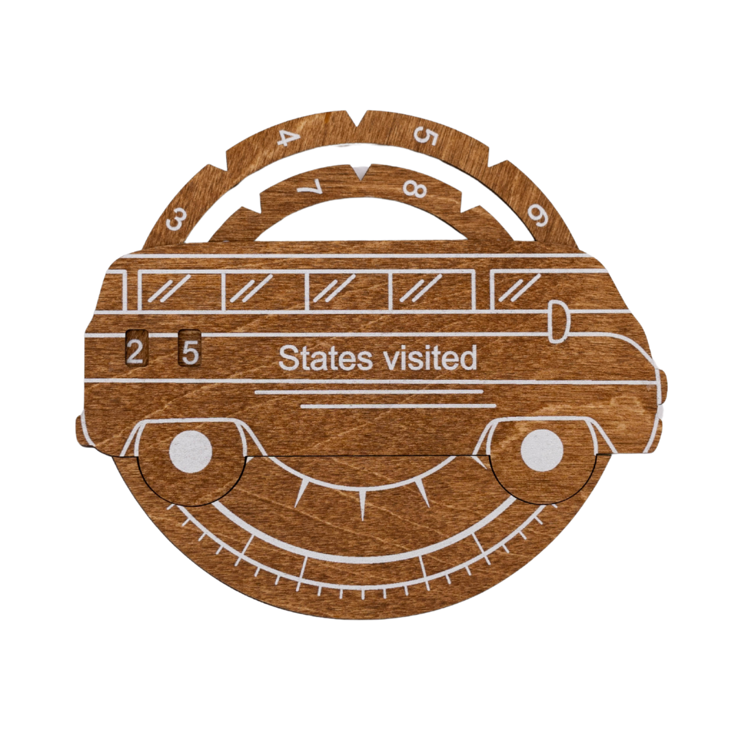 Oak-toned wooden USA states travel tracker plaque shaped like a car with &