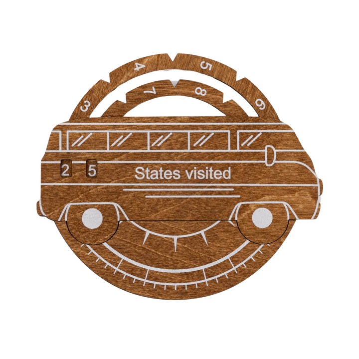 Oak-toned wooden USA states travel tracker plaque shaped like a car with &