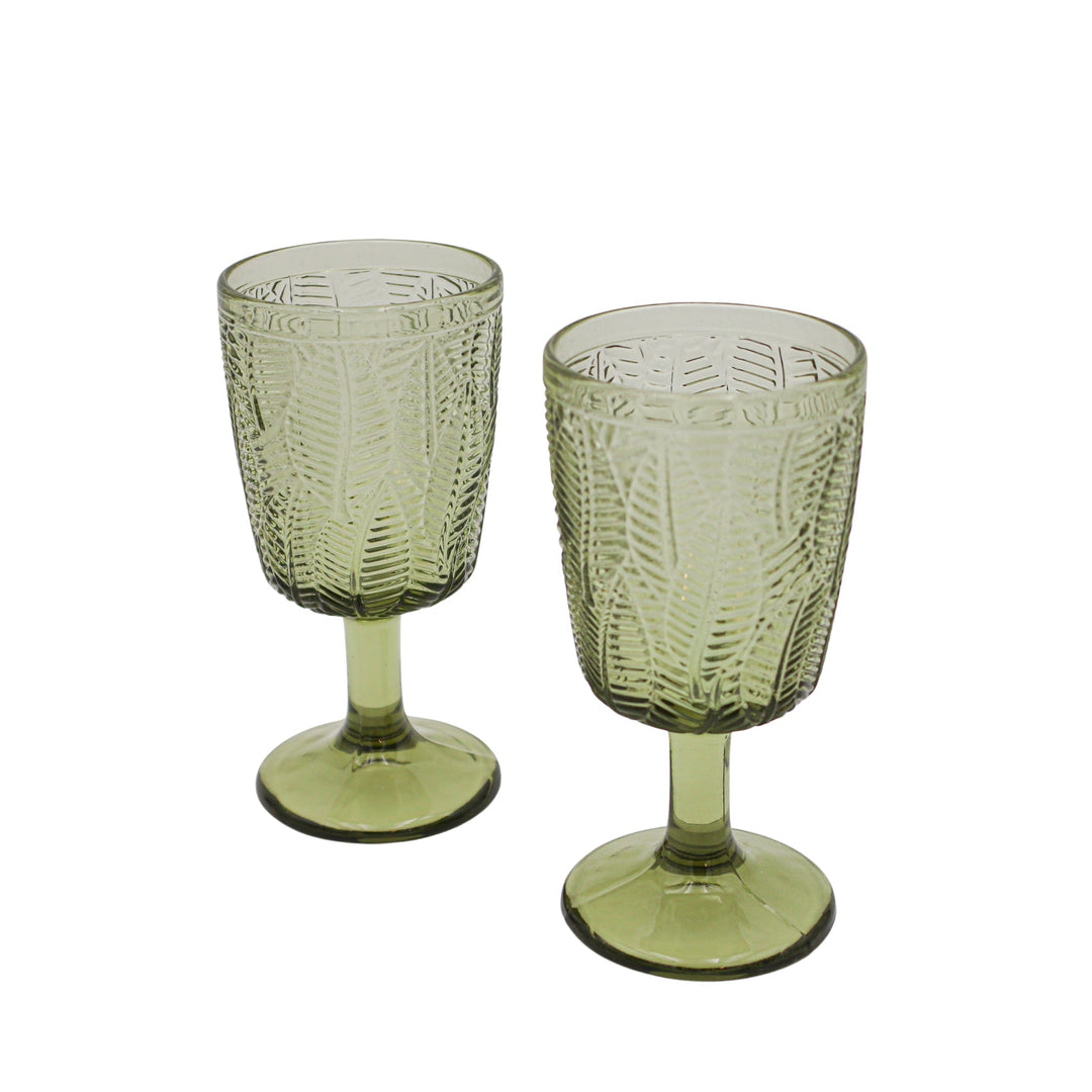 Olive green leaf-texture glass goblets, short stem, round bases (set of 4)