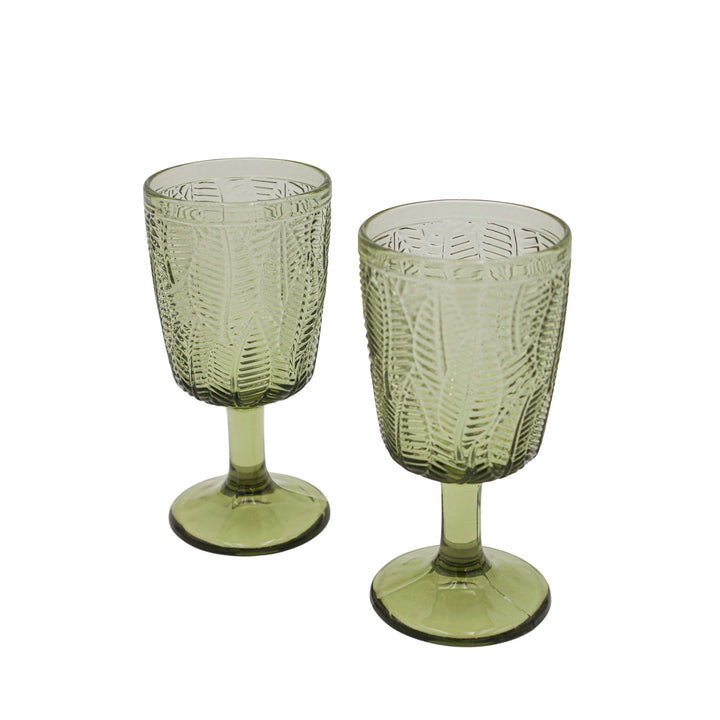 Olive green leaf-texture glass goblets, short stem, round bases (set of 4)