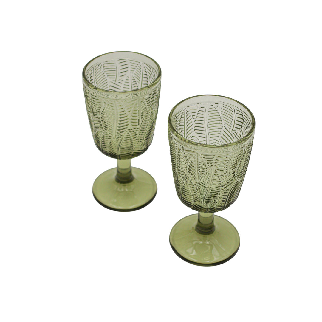 Olive green leaf-texture glass goblets, short stems and round bases