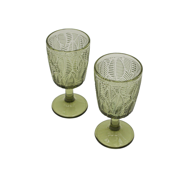 Olive green leaf-texture glass goblets, short stems and round bases