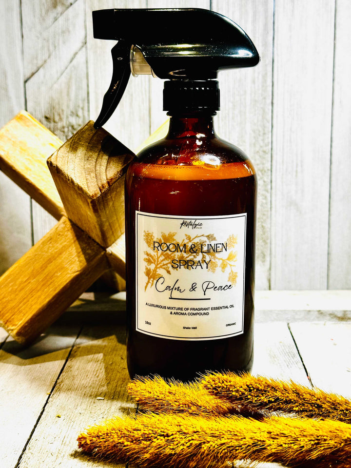 Amber glass room &amp; linen spray bottle with black trigger sprayer and Calm &amp; Peace label