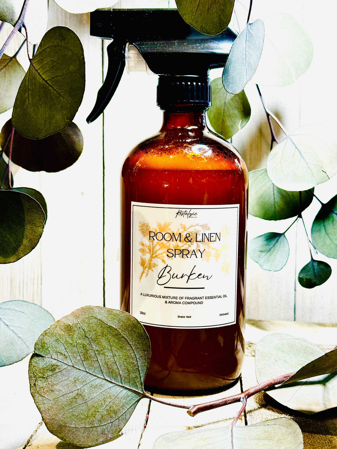 Amber glass room &amp; linen spray bottle with black trigger sprayer and Burken label