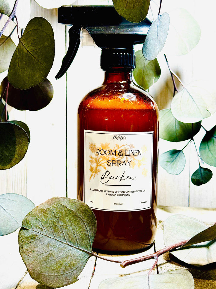 Amber glass room &amp; linen spray bottle with black trigger sprayer and Burken label