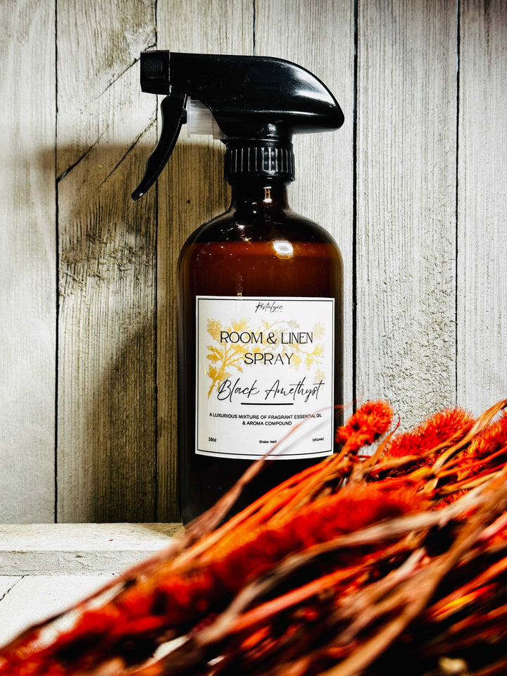 Amber glass room &amp; linen spray bottle with black trigger sprayer and Black Amethyst label