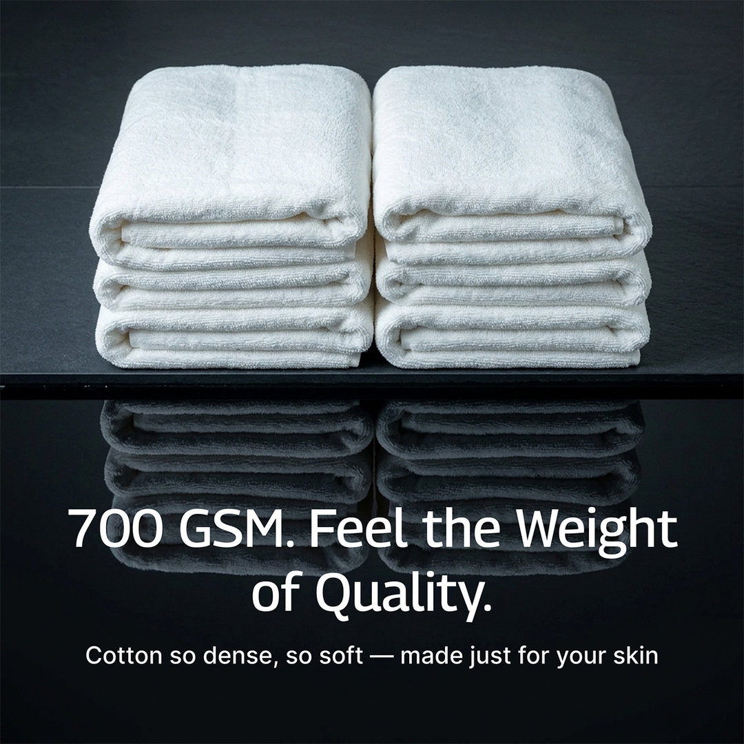 White bath towel set, four folded towels stacked on a dark surface with visible hems.