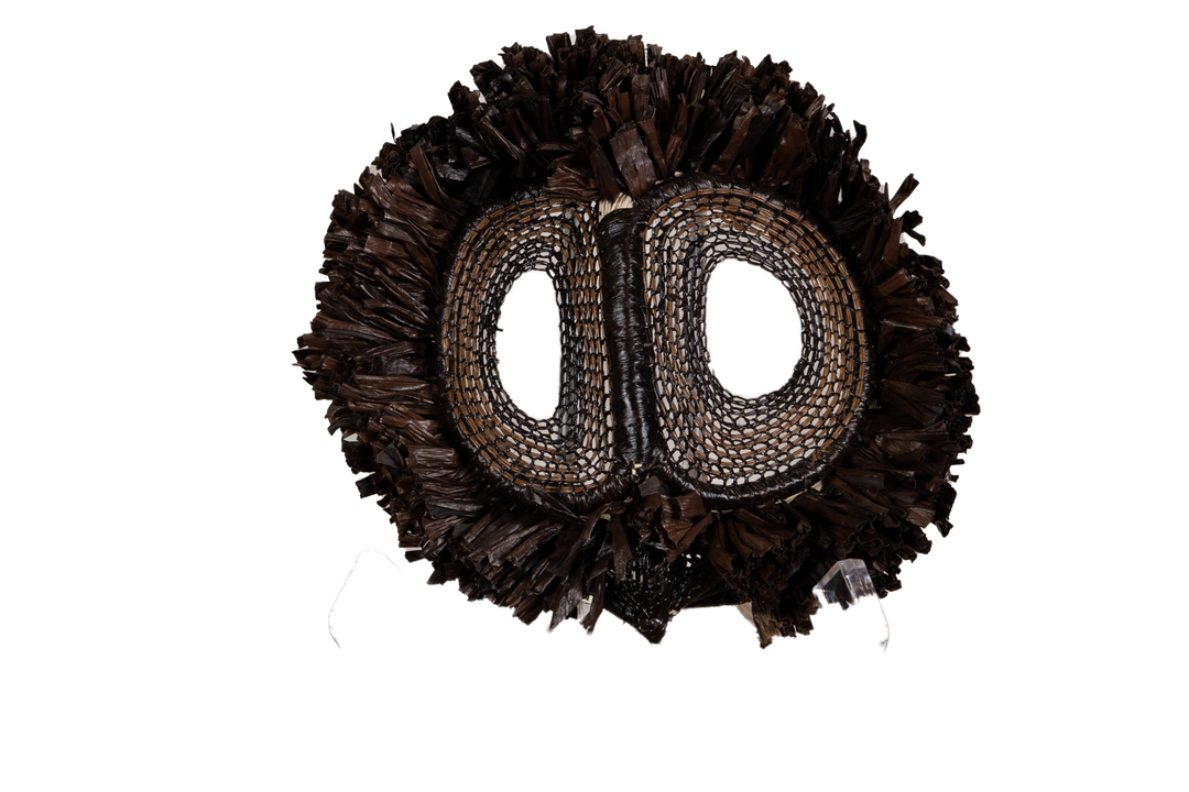 Fish-themed owlet decorative mask with dark woven fringe and two oval mesh eye cutouts
