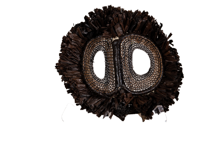 Fish-themed owlet decorative mask with dark woven fringe and two oval mesh eye cutouts