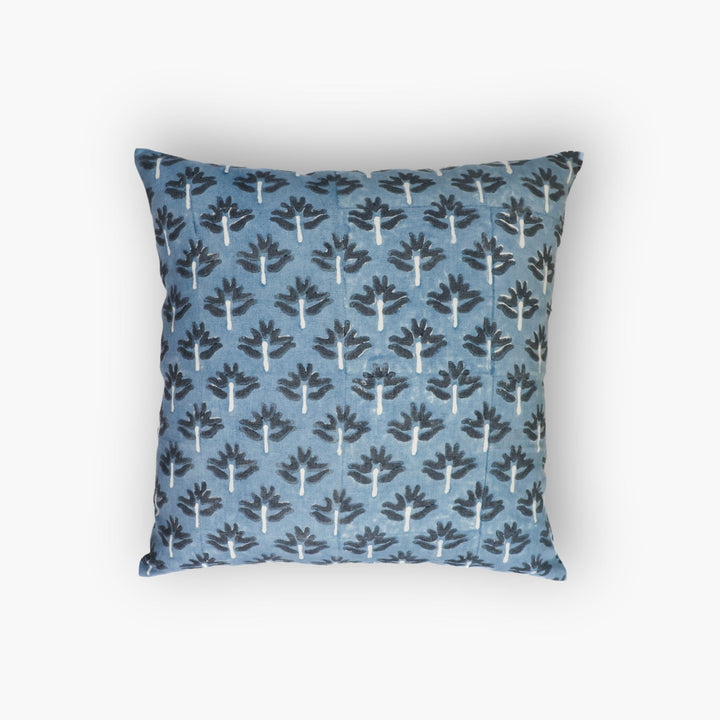 Steel blue throw pillow cover with repeating coral cactus motif pattern
