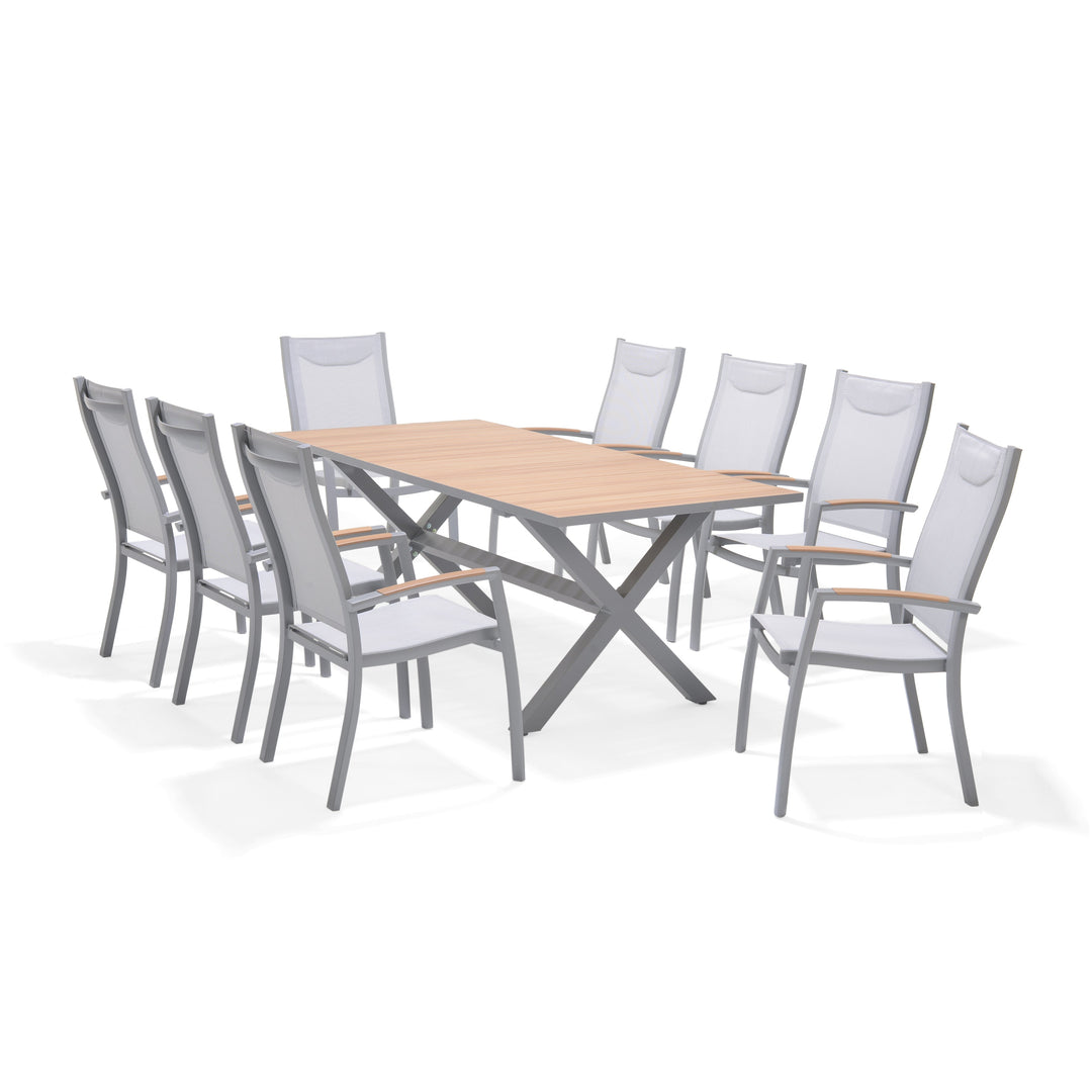 Outdoor dining table and chairs set with light wood tabletop and gray mesh backs