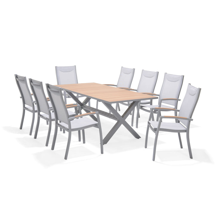 Outdoor dining table and chairs set with light wood tabletop and gray mesh backs