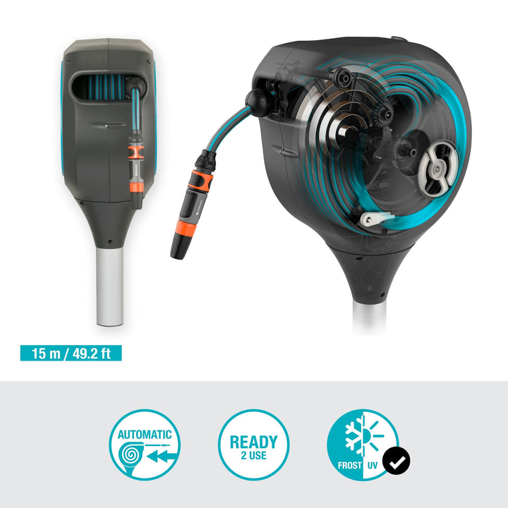 Gray roll-up garden hose reel showing internal hose drum and blue winding airflow lines