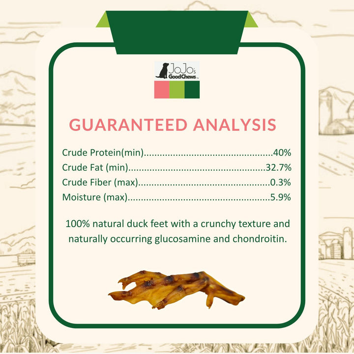 Guaranteed analysis label for natural duck foot dog treats with nutrition details