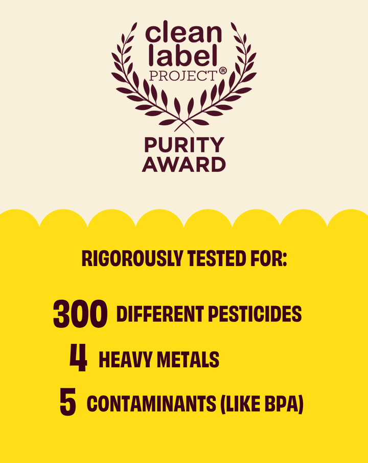 Clean Label Project Purity Award infographic with testing stats and pesticide counts.