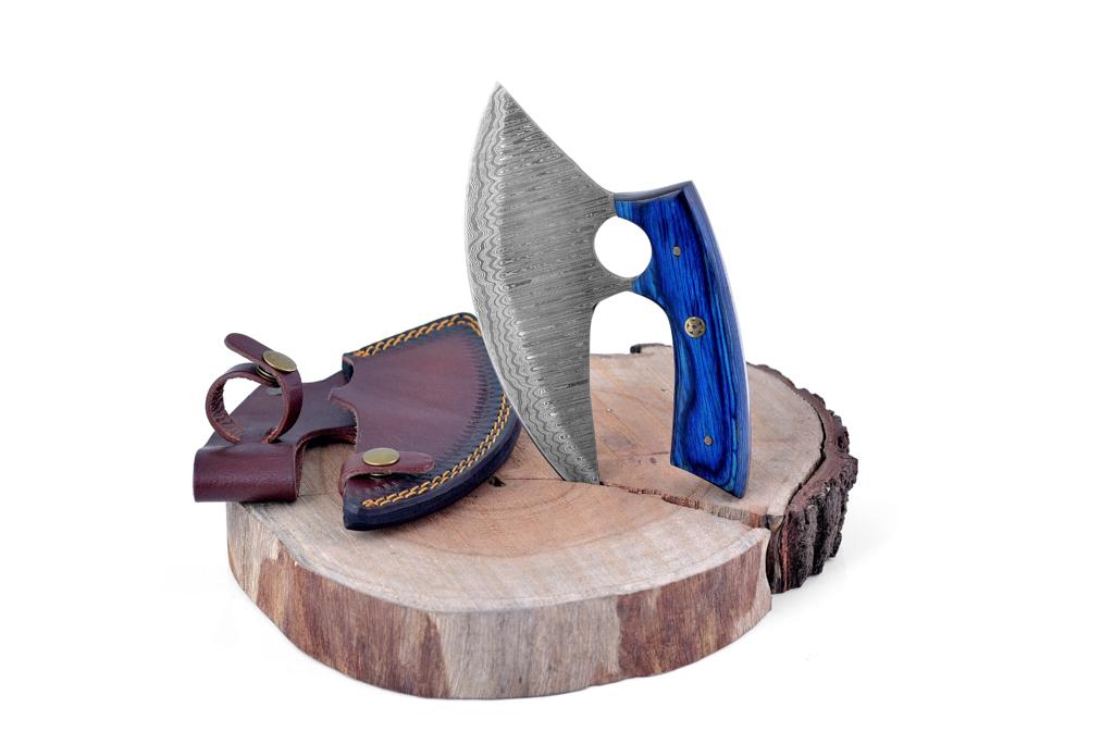 Ulu-style blade with blue handle and brown leather sheath on wooden stump