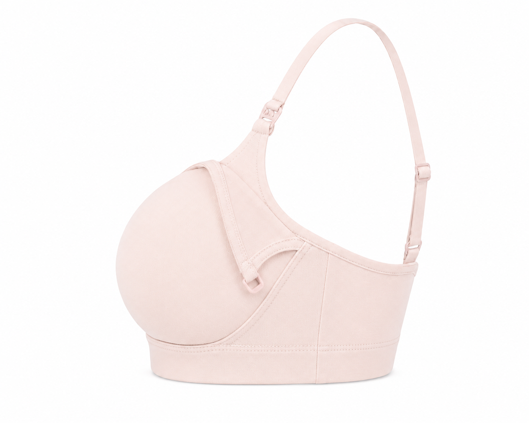 Light pink nursing bralette angled view with adjustable straps and nursing flap