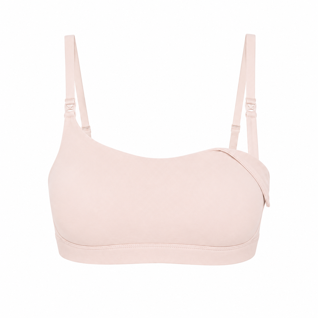 Light pink nursing bralette with adjustable straps and curved neckline