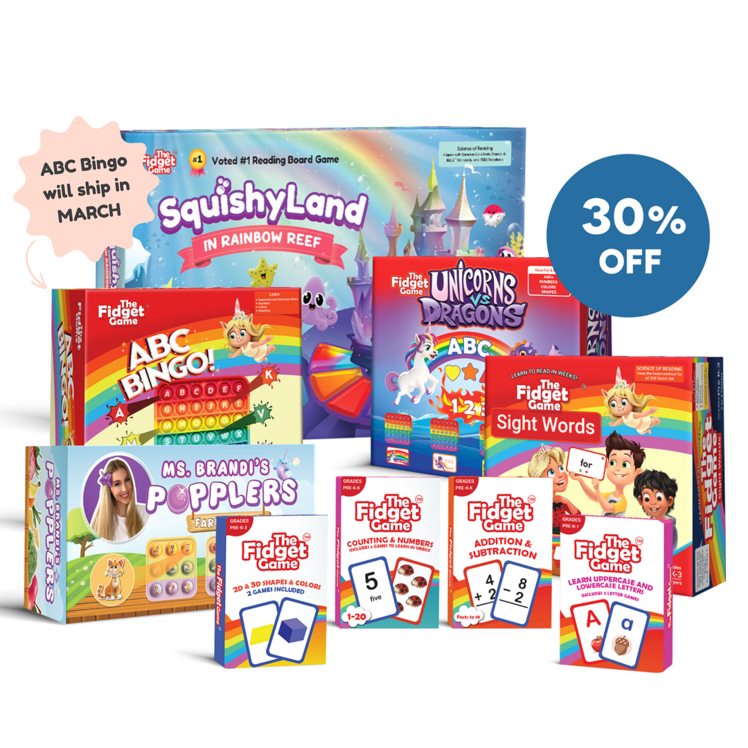 ABC Bingo featured in multi-box bundle display with SquishyLand and 30% off badge