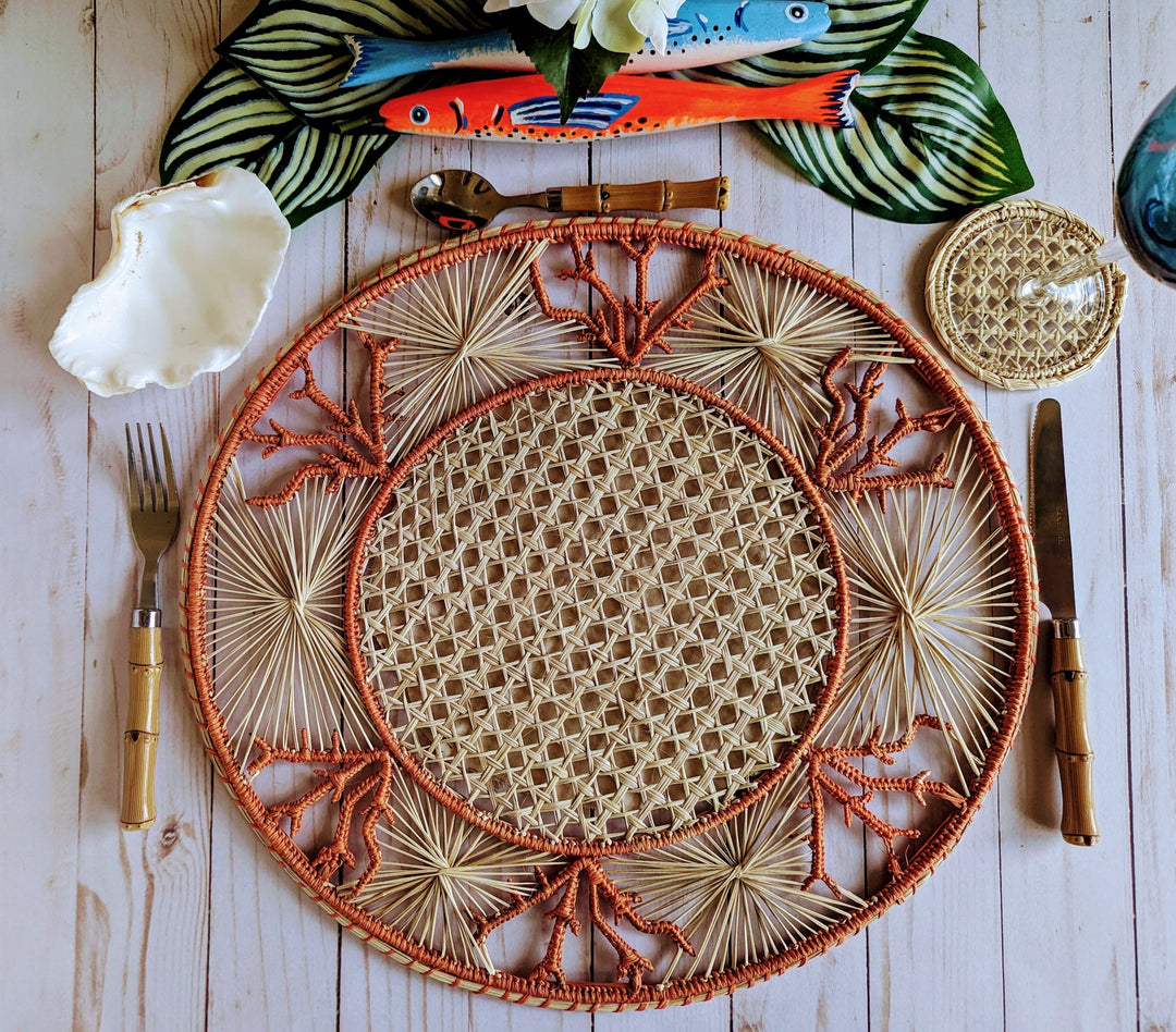 Coral Coastal Handwoven Iraca Placemat — Placemats, [material], MacondoForever